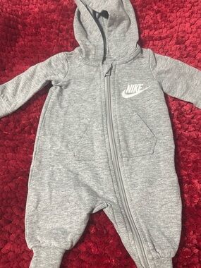 Nike Gray Hooded Zip-Up Baby Footie with White Logo